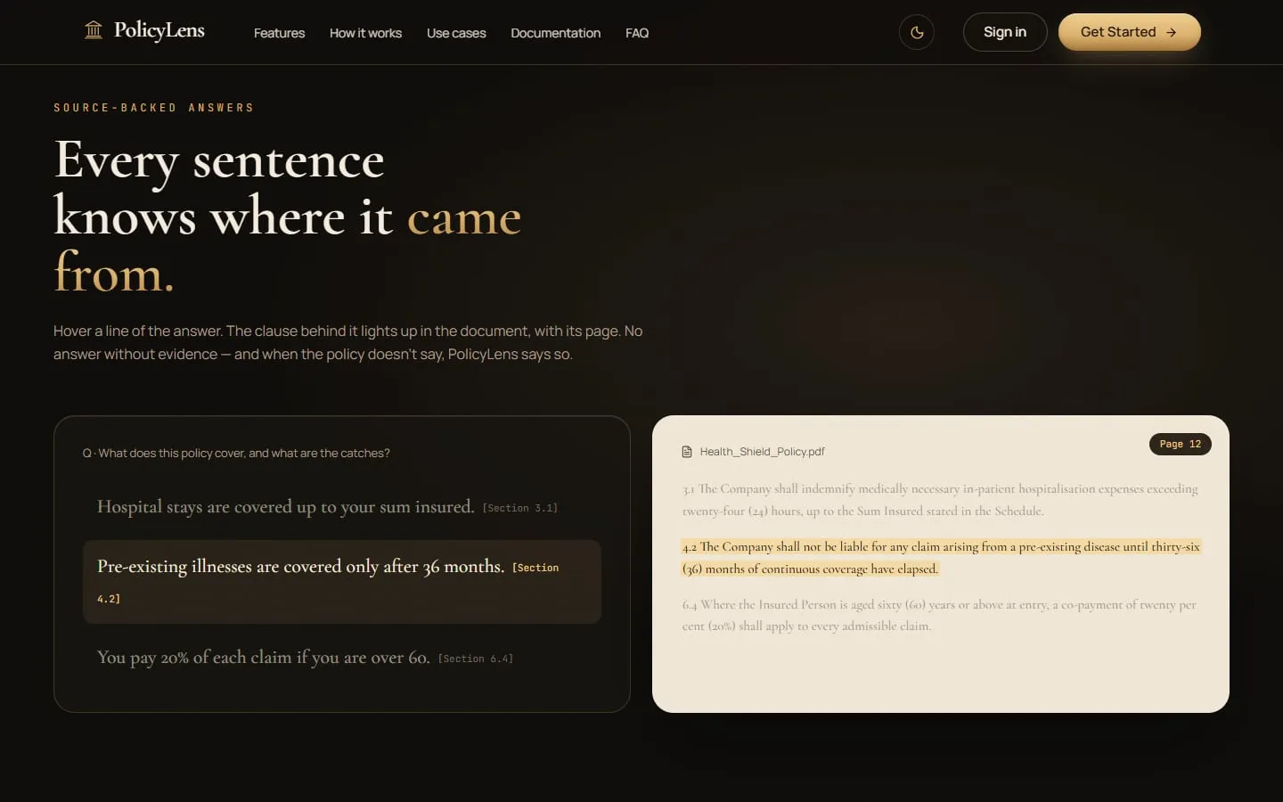 Each sentence of an answer links to the clause and page it came from.