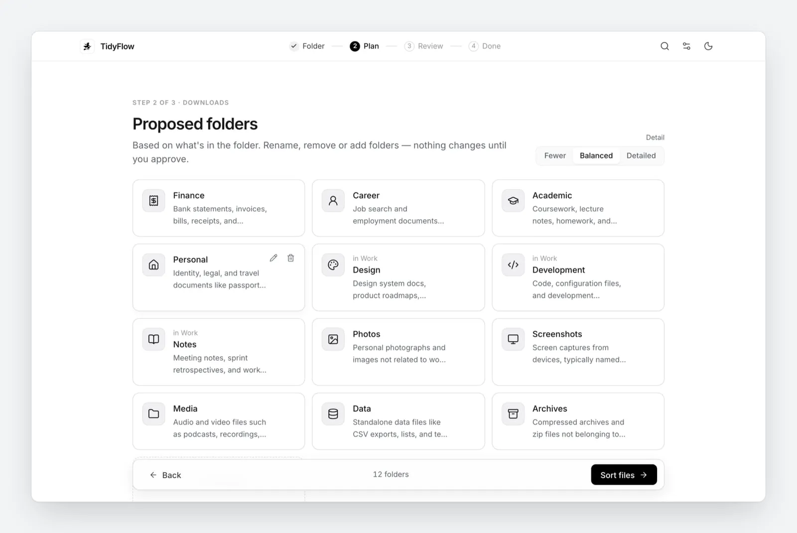 The proposed folders, built from what is inside the files. Nothing moves yet.