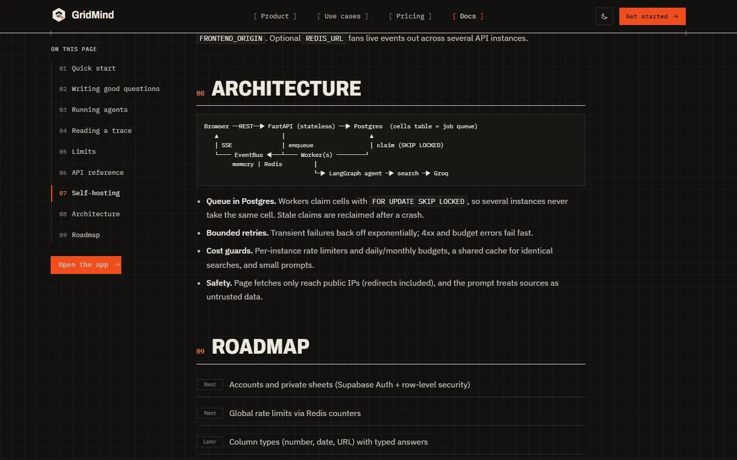 The architecture from the docs: a stateless API, Postgres as the job queue, and workers running the agent.